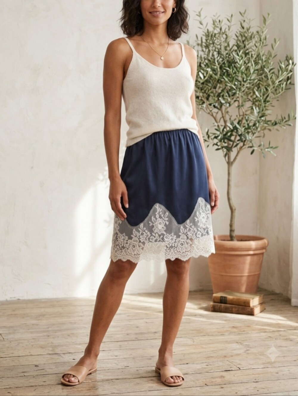 Navy Blue Floral Lace Trim Half Slip Skirt Layered Lined Coquette Fairycore Sz S